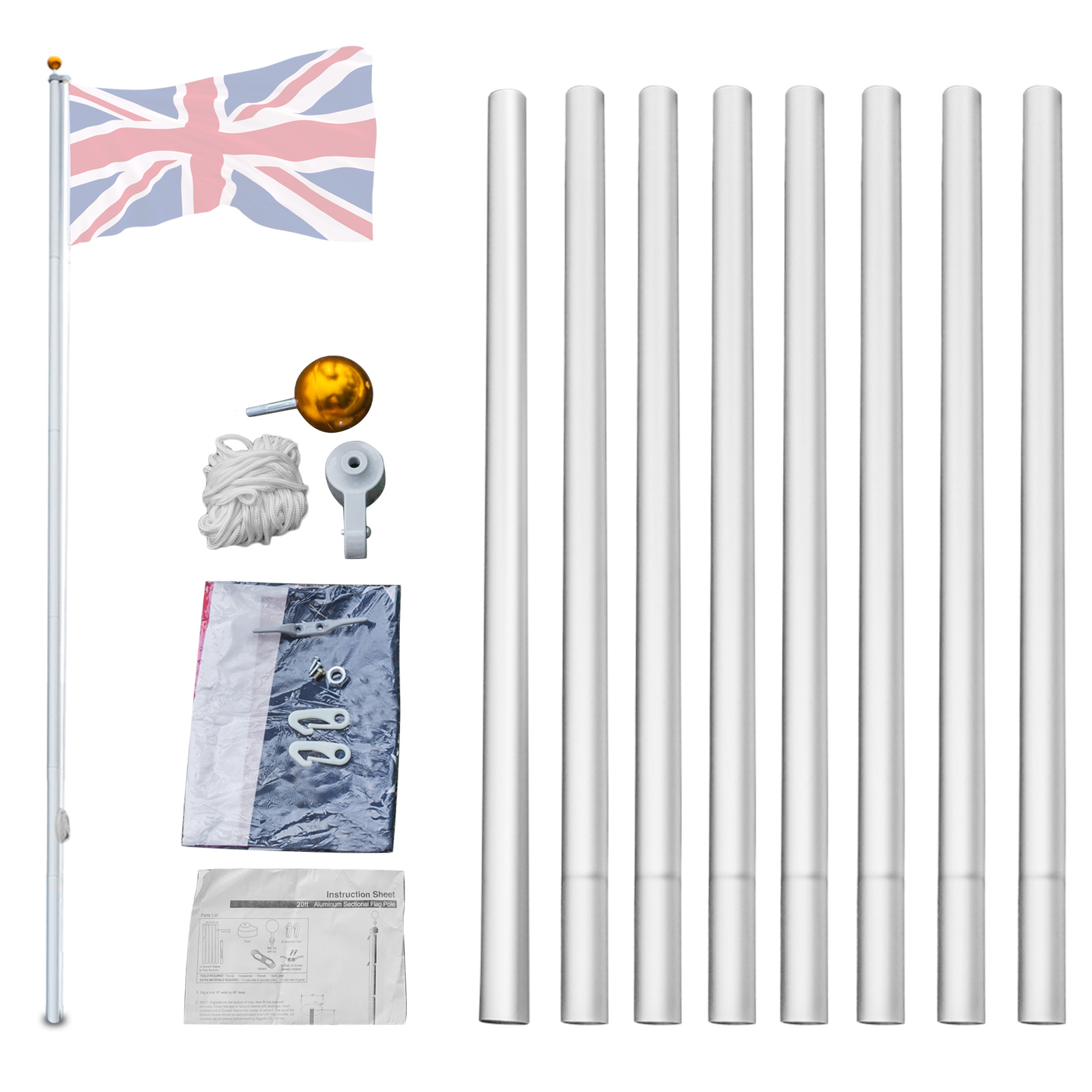 TEMU 25ft Heavy Duty Uk Flagpole Kit Suitable For Outside House, Adjustable Uk Flag Pole With Metal & Base For Stability, Ideal For Residential
