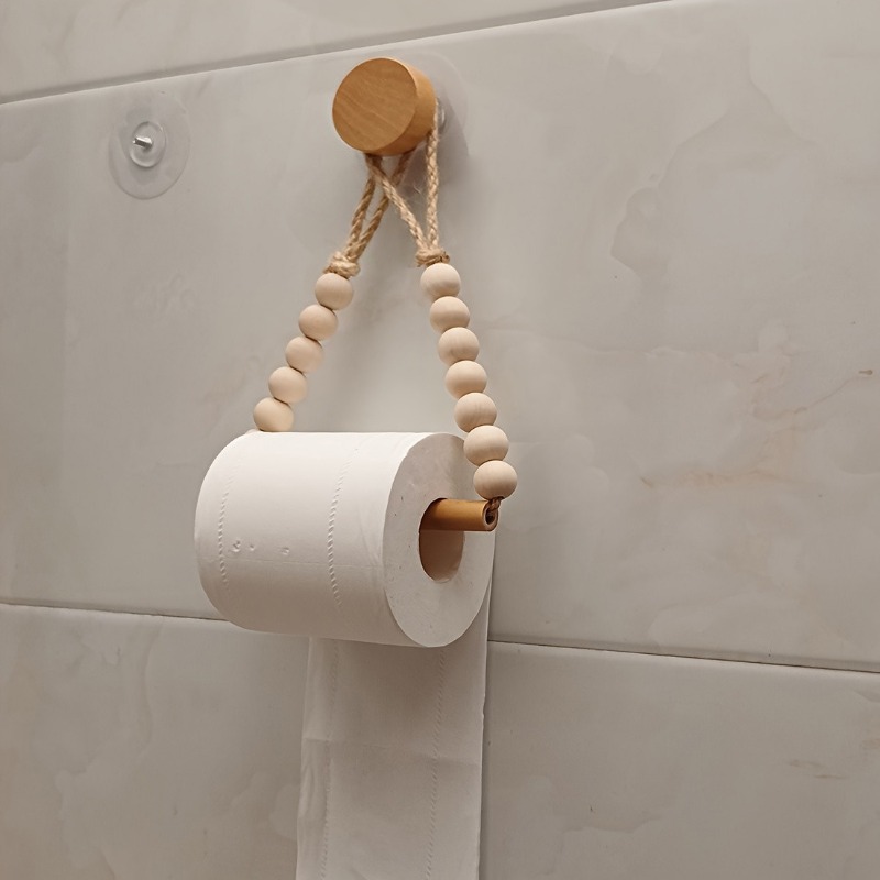 Image of Beaded Wooden Stick Roll Paper Holder, Wooden Stick, Wooden Bead Paper Towel Rack, Shelf, Decoration, Nordic Log Style Towel Rack