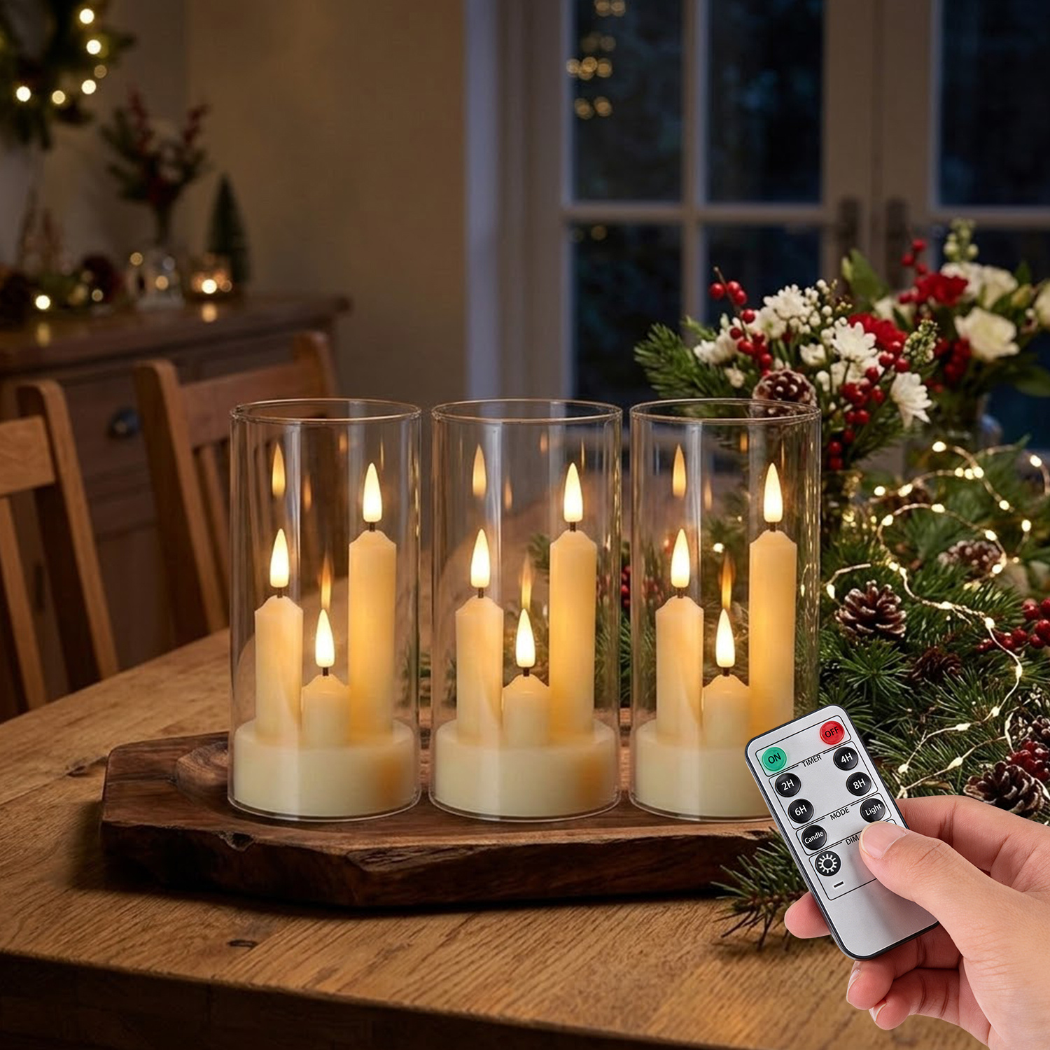 TEMU 3-delige Set Afstandsbediening Flame Effect Multi-Wick Acryl Lampenkap Kaars, Afstandsbediening Schakelbaar, Timer, Instelbare Helderheid (Niet
