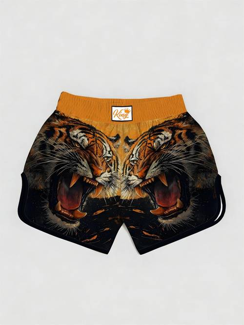 boy childrens muay thai training shorts quick drying suitable for boxing gym and with tiger print and flame design slightly shorts suitable for mma themed parties machine washable sportswear