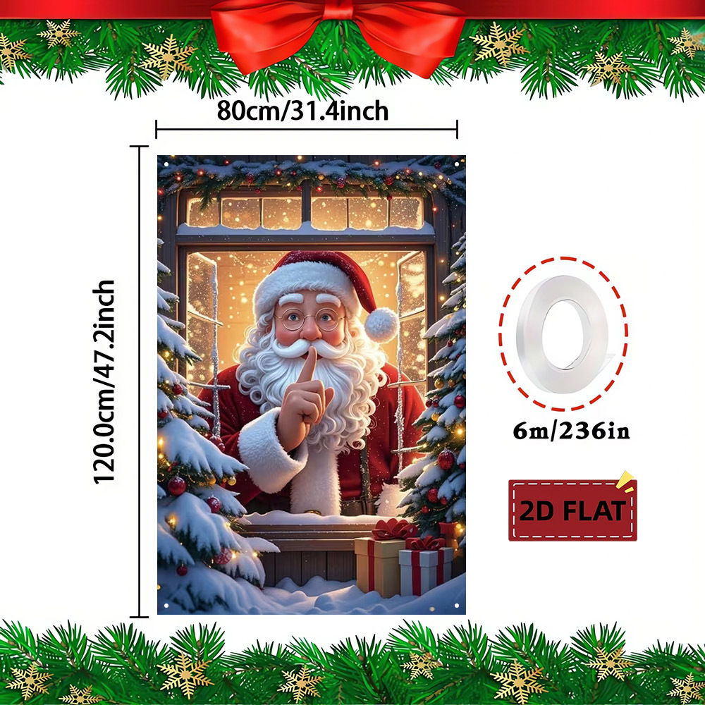 TEMU 2d Flat, 2d Flat Banner 1pc (80*120cm) Christmas Window Cling Overlay Window Decoration Banner. Santa Claus Shushing Gesture With Winter Snow