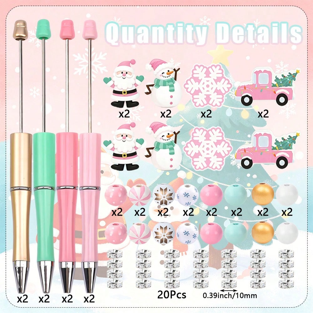 TEMU 8 Sets Pink Christmas Wooden Beaded Pens With Santa Snowman Snowflake Beads, Diy Craft Stationery, Perfect Gifts For Back To School & Graduation