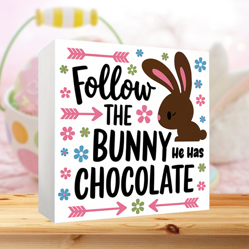 

1pc Easter Bunny Pvc Desktop Ornament - " The Bunny He Has Chocolate" - Multifunctional Home & Party Decor, English Text, Holiday Accessory