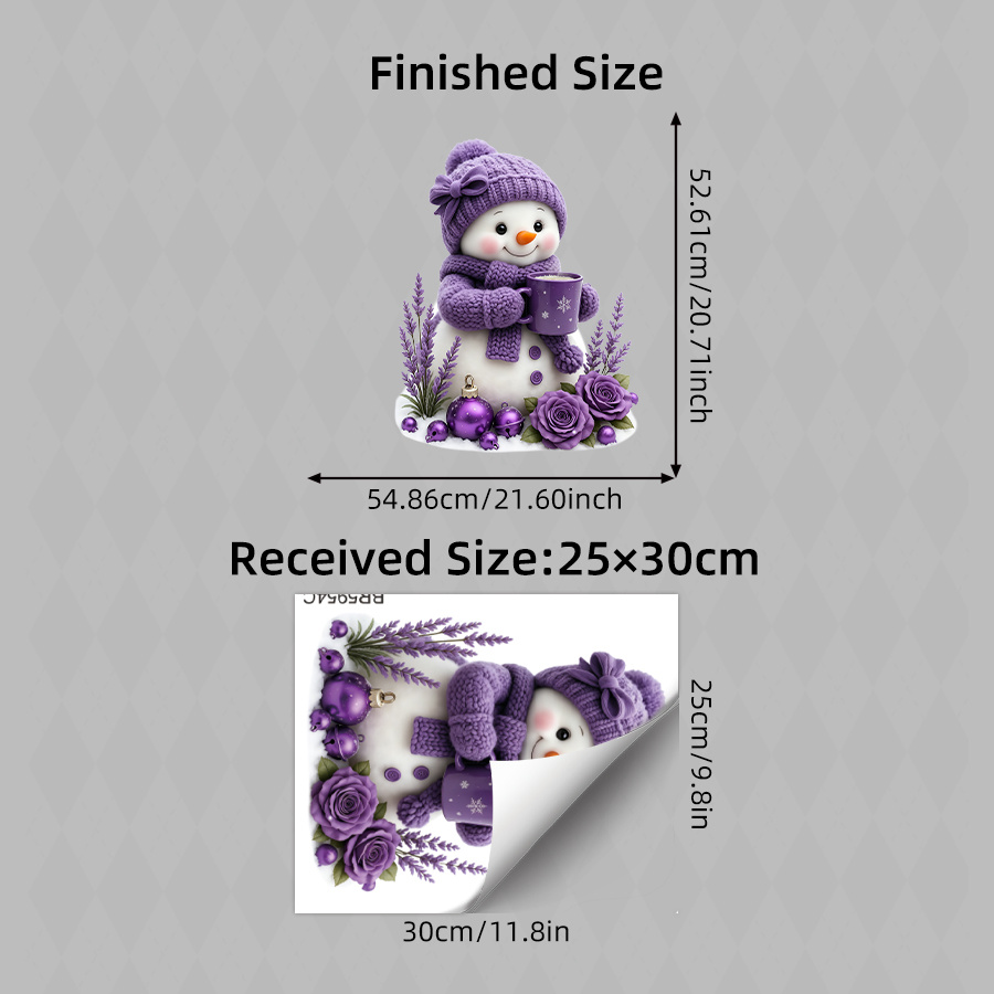 TEMU 1pc Purple Snowman Self-adhesive Wall Sticker, Cute Snowman With Purple Knit Hat And Scarf Holding Mug, Lavender, Purple Rose And Xmas Bauble