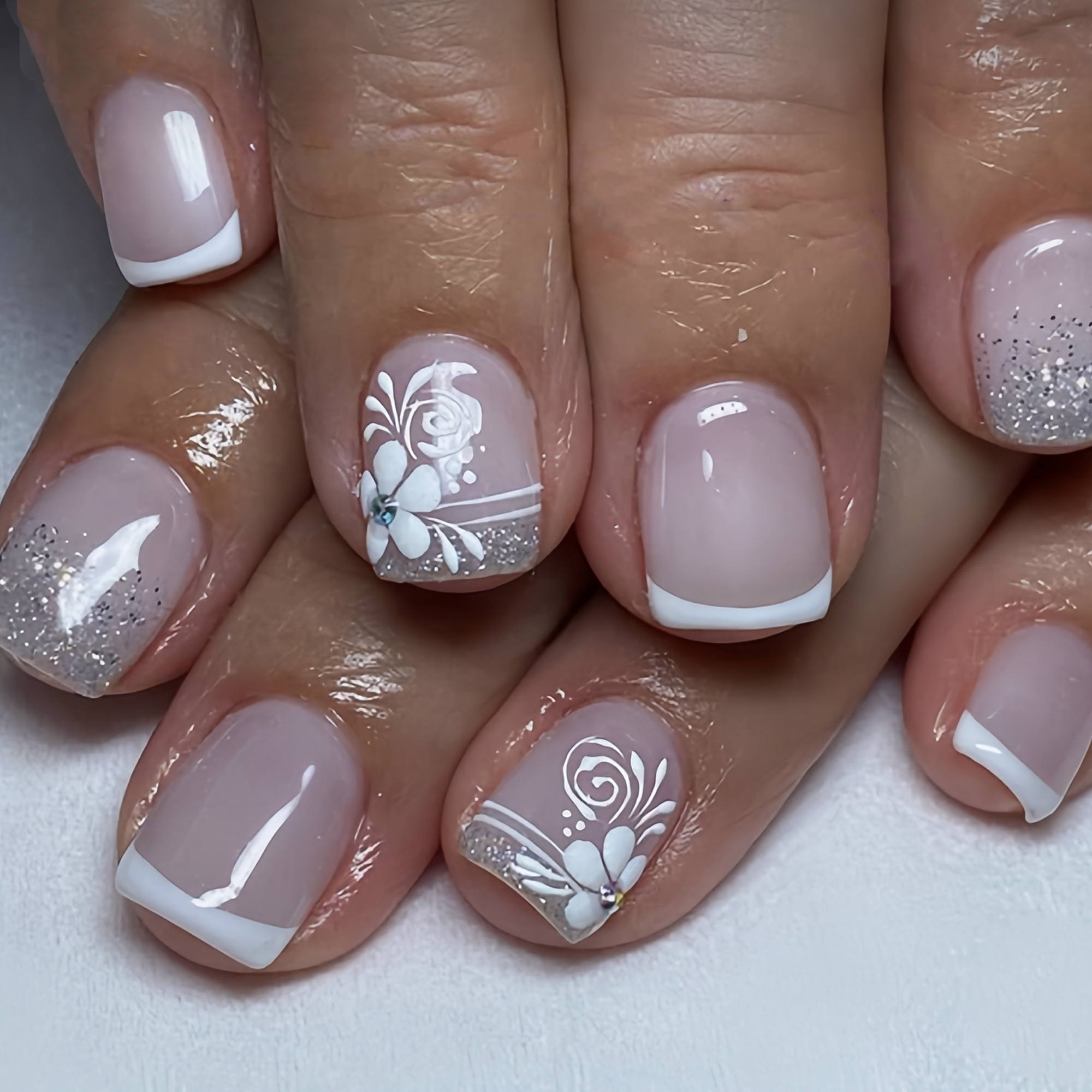 TEMU Showcase Your 24pcs Short Square Nails In Classic Elegant White And Pink, Featuring Glossy White Flowers, Striped Dots, And Silvery Shimmer.