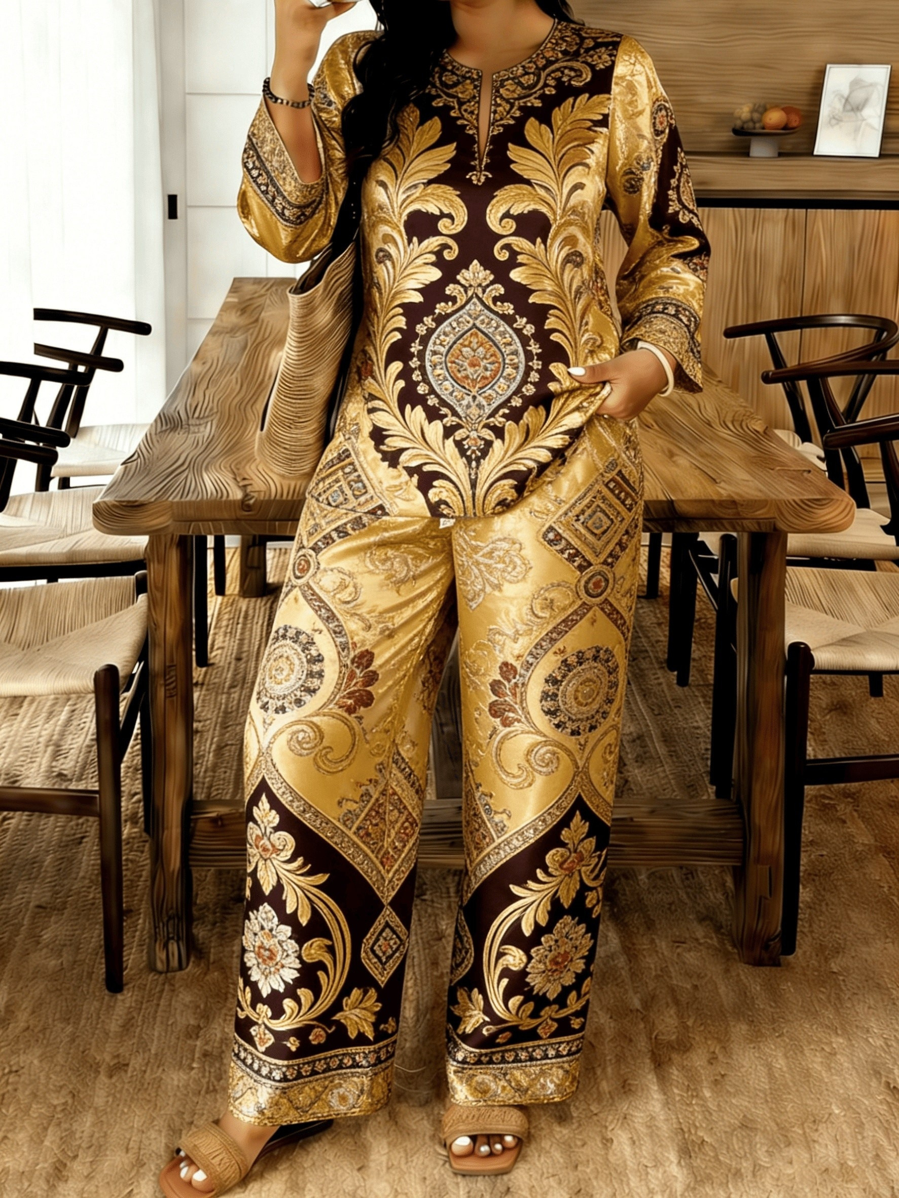 elegant printed two piece set for women featuring a long sleeve top and wide leg pants comfortable and stylish suitable for casual or social wear