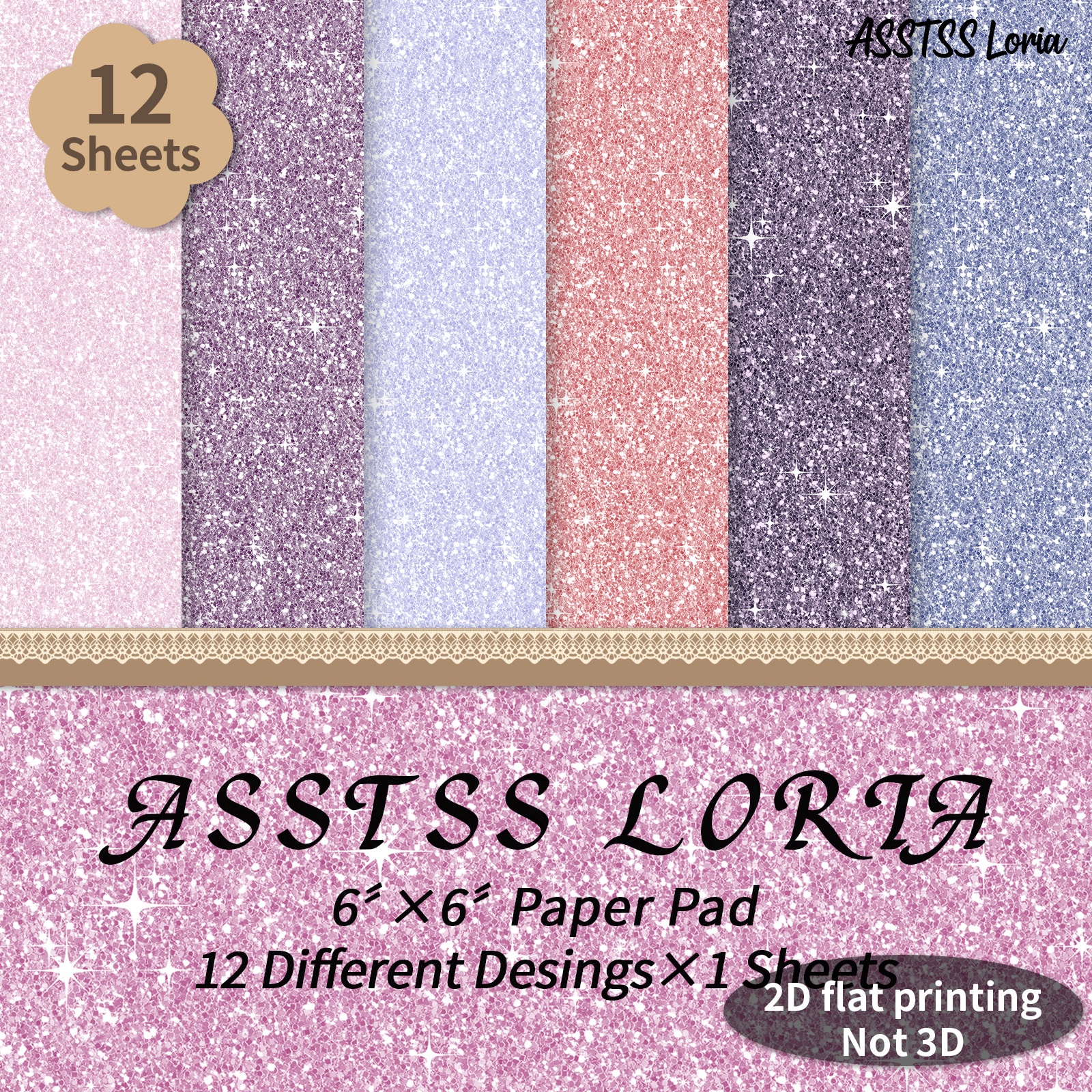 TEMU Lot de 12 feuilles de papier scrapbooking ASSTSS Loria 6X6 pouces, papier de base coloré à paillettes/2D, papier cartonné épais pour journaling,