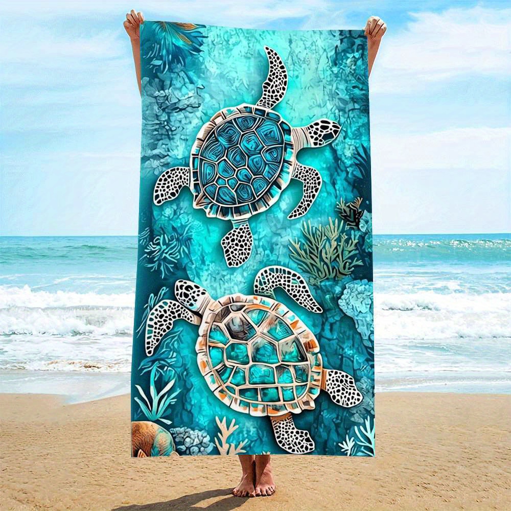 TEMU 2d Flat, 2d Printing 1pc Beach Towel, , Double Sea Turtle Pattern, Gradient Color Beach Towel, Suitable For Swimming, Beach Vacations, Camping