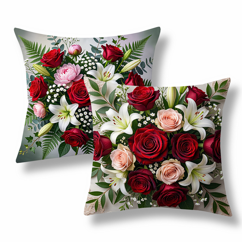 TEMU 2pcs Floral Throw Pillow Covers, Decorative Cushion Cases, Bouquet Of Roses And Lilies Design, Multicolored Tone. Versatile Pillow Shams For