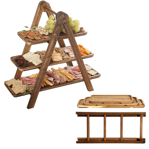 3 tier serving tray for party 18 wood cupcake charcuterie dessert farmhouse tiered platters with collapsible wood rack for food and toys for party home d cor clear