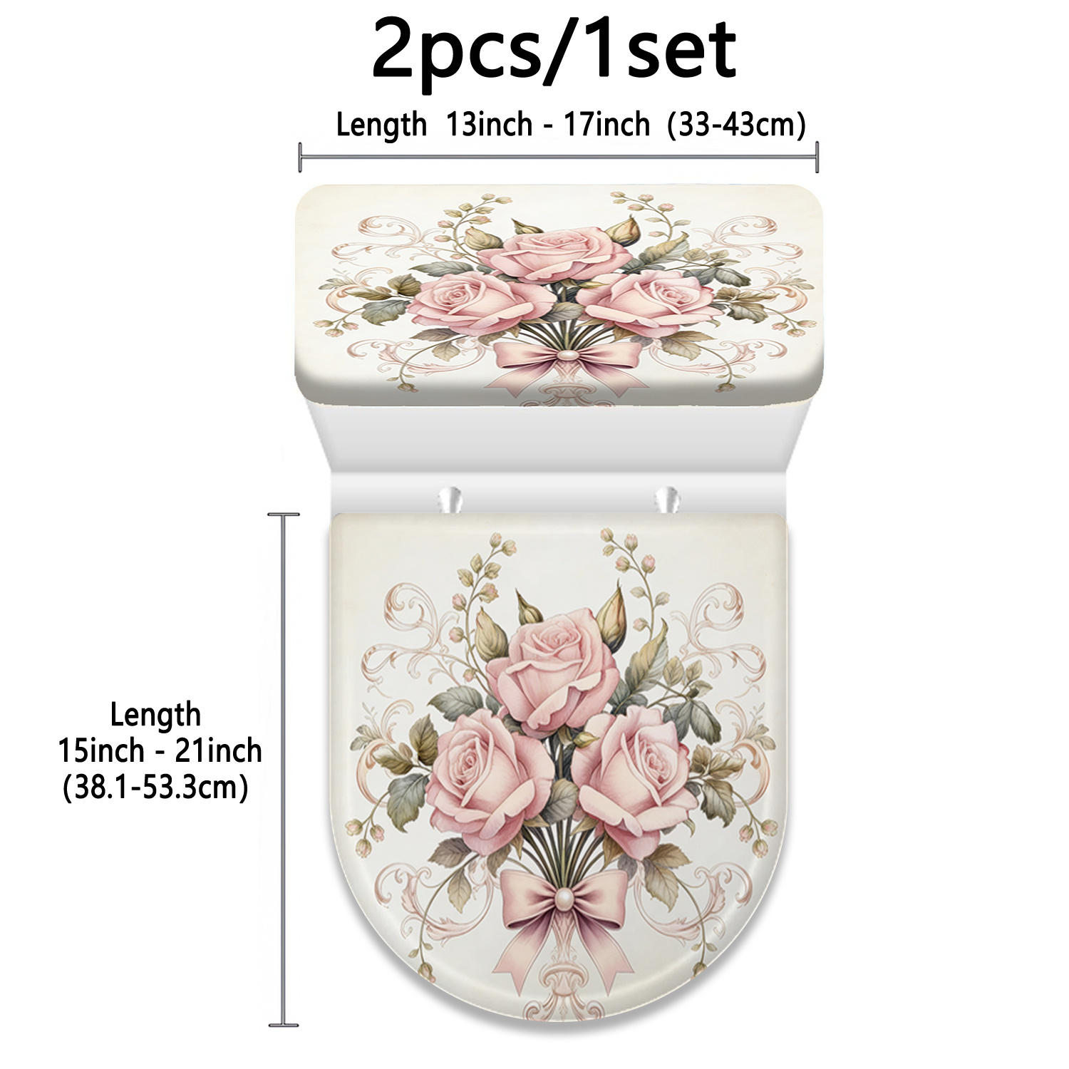 TEMU Pink Rose Floral Elegant Pattern Printed Toilet Seat And Tank Cover Set, 2d Flat Universal Bathroom Decorative Toilet Cloth Cover For , Suitable