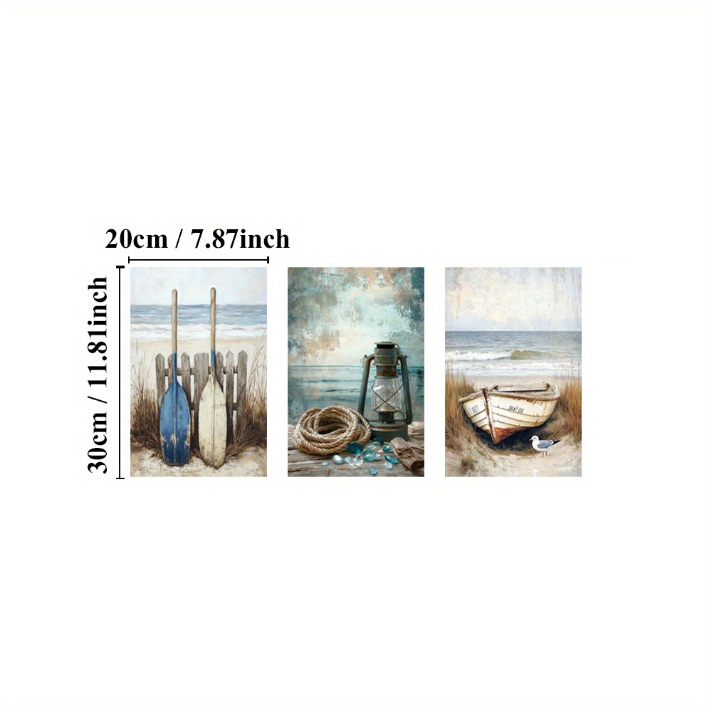 TEMU Set Of 3 Framed Beach Scene Wall Art Decor, Coastal Canvas Print Wall Arts, Seaside Poster, Art Prints, Lighthouse Paintings, Boat And Lantern