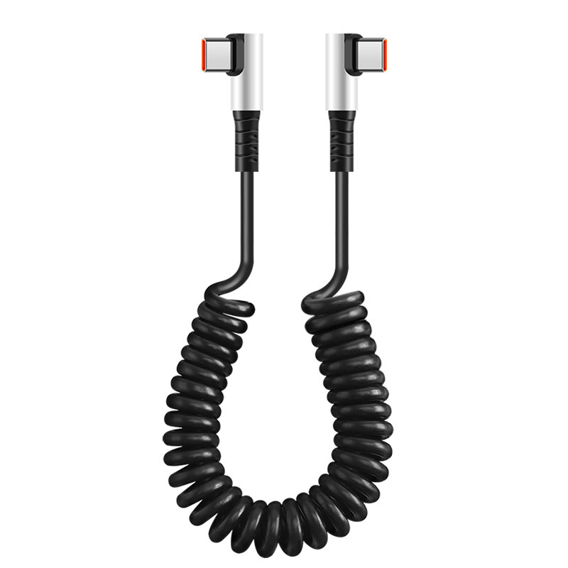 TEMU Câble USB C Bobiné 60W à Double Coude à 90° Type-C Rétractable à Ressort pour Charge Rapide, Câble de Chargeur de Voiture pour Téléphone de Jeu
