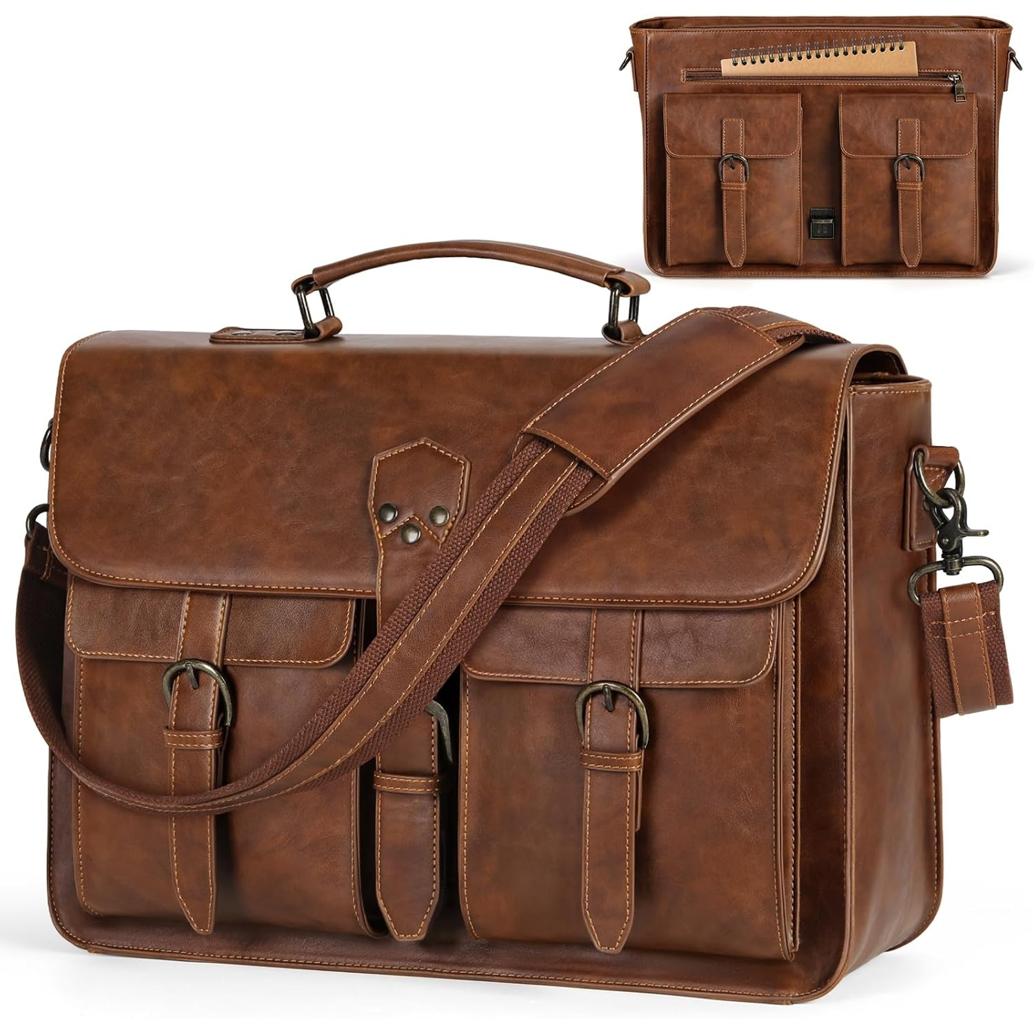 Rainsmore Briefcase Men's Laptop Bag 15.6 Inch Faux Leather Messenger Bag Business Work Bag Shoulder Bag For Brown
