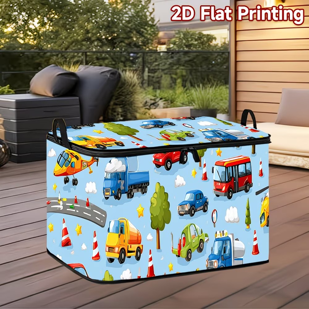TEMU 1 pièce, Panier de rangement plat 2D à spacieux, Motif coloré d' de véhicules et de circulation, Matériau , Facile à déplacer, Convient pour