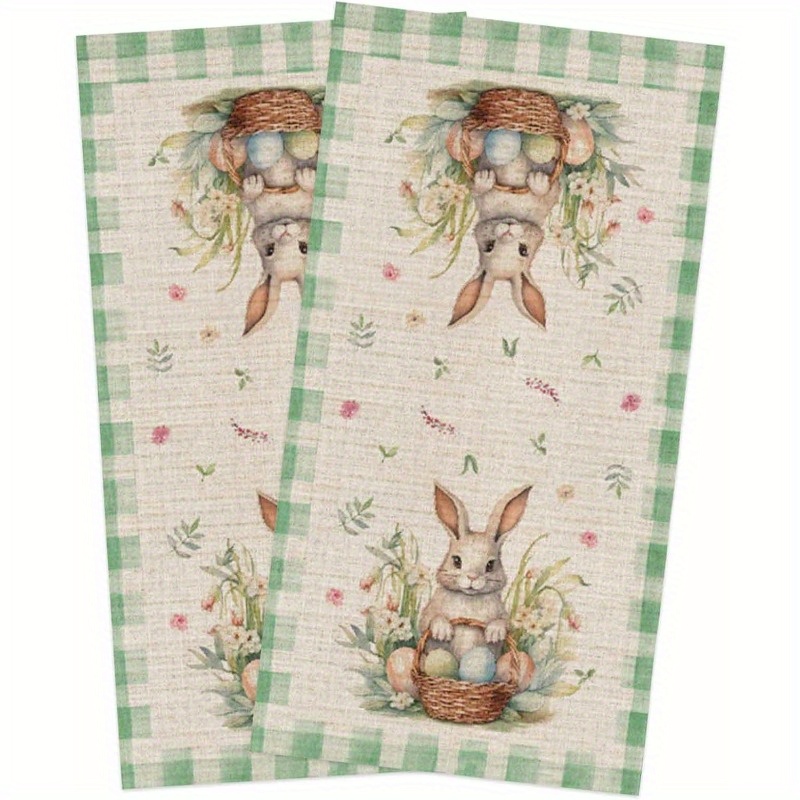 

2pcs Easter Bunny & Plants Kitchen Towels, 18x26 Inch, 100% Polyester, Contemporary Style, Super Dish Cloths, Machine Washable, For Tea, Bar, And Hand Towels