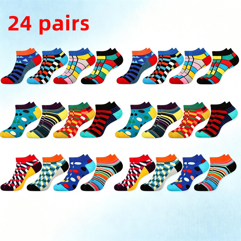 TEMU 24-pair Colorful Geometric Men's Trendy Invisible Socks, Fun Novelty Men's Socks, Short Socks, Cool Colorful Patterned Novelty Fun Casual Short