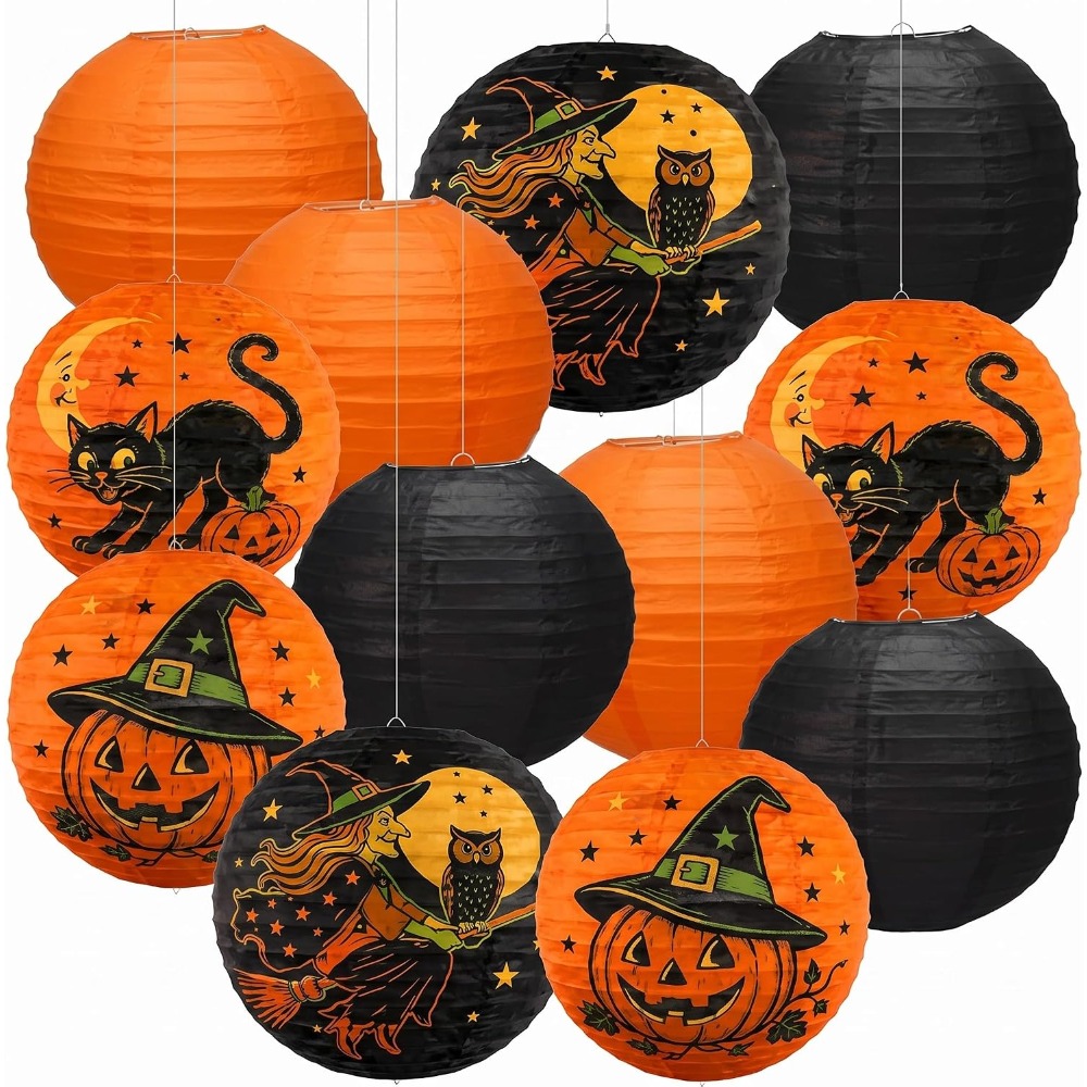 TEMU 12 piezas de lindos farolillos de papel de Halloween, decoraciones colgantes vintage de 10 pulgadas de con patrones de calabaza, bruja y gato ,