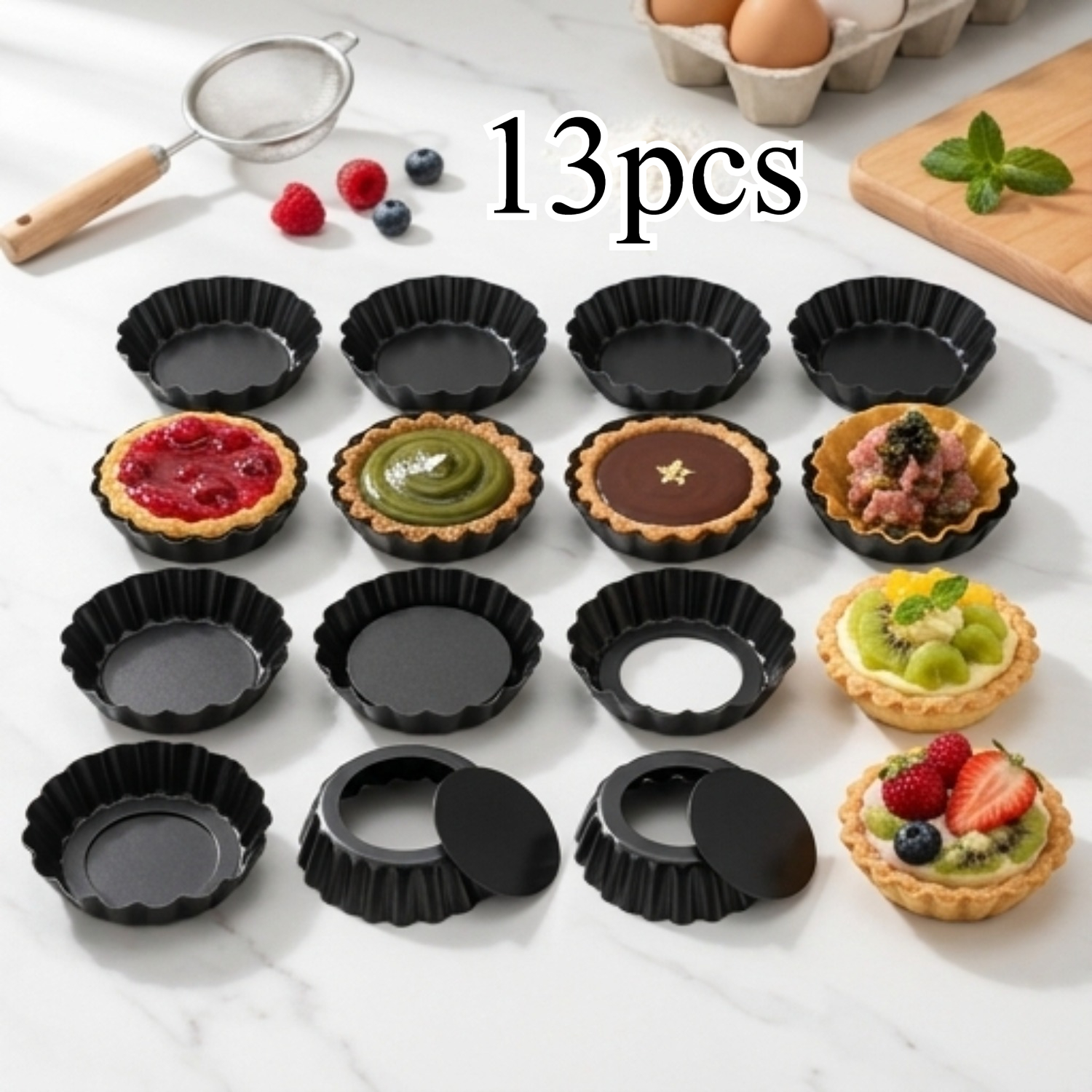 TEMU 13pcs Set Of Carbon Steel Mini Molds. Round Molds With Removable Bottoms. Small Pans Made Of Sturdy Carbon Steel With A Coating, Perfect For