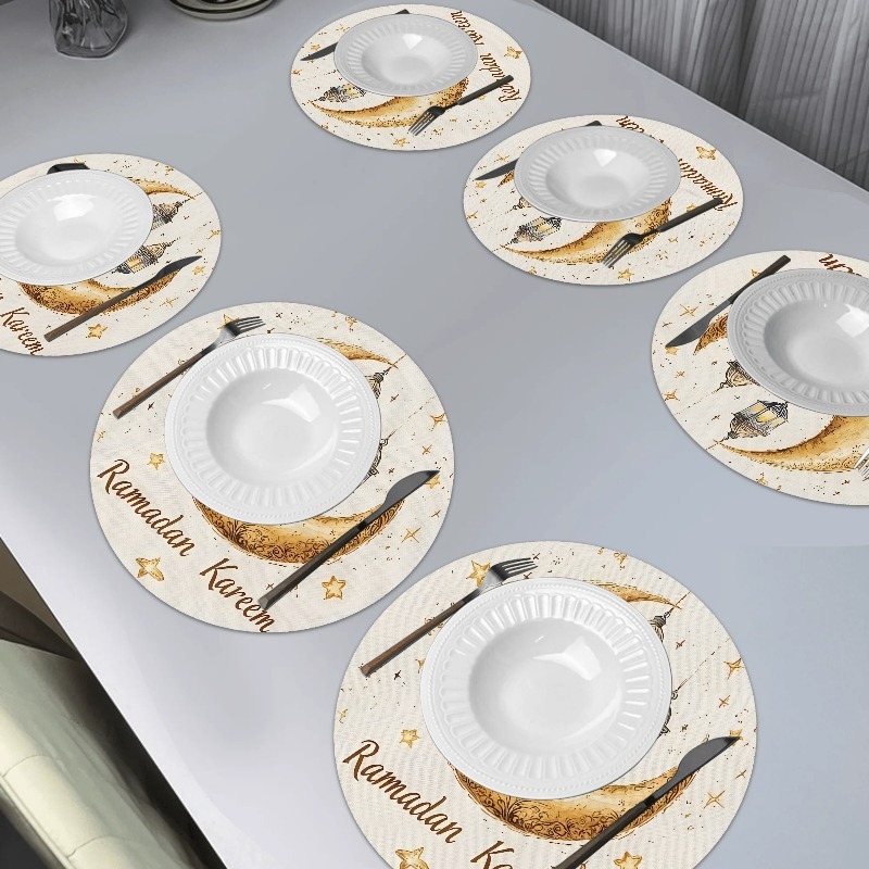 TEMU 6pcs Placemats - Elegant Golden Crescent And , Durable Polyester Placemats, Suitable For , Eid, And Celebrations - Machine Washable | Table Mats