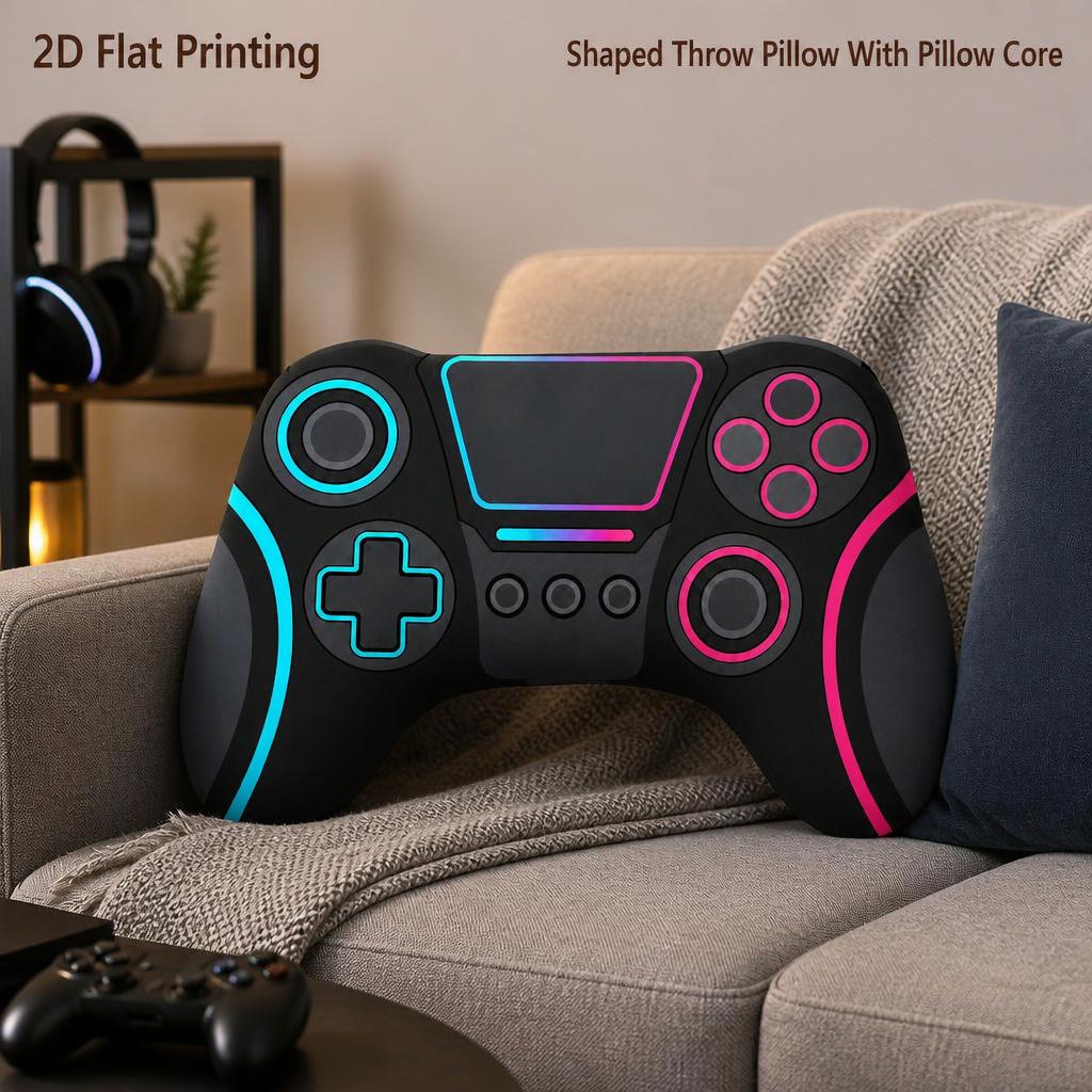 TEMU Neon Gaming Controller Shaped Throw Pillow Style For Gamer Room Bedroom Decor All Gift 2d Flat Printing Shaped Stuffed Throw Pillow, 2d Flat