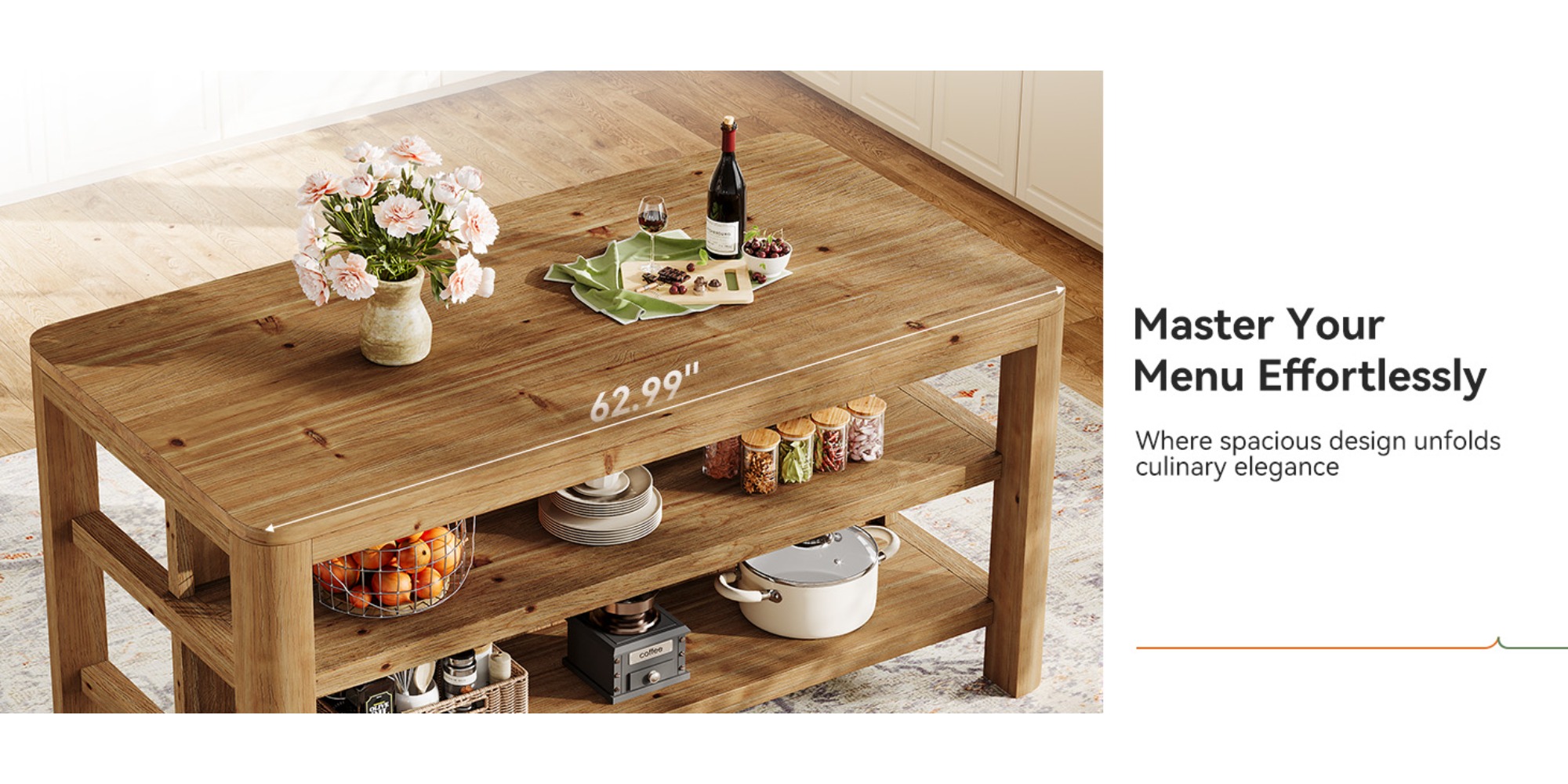 63-Inch Solid Wood Kitchen Island with Ample Storage Shelves, Farmhouse Style Kitchen Island Table with Seating, Counter Height Bar Table for Dining Room & Kitchen, Sturdy Construction & Easy to Assemble