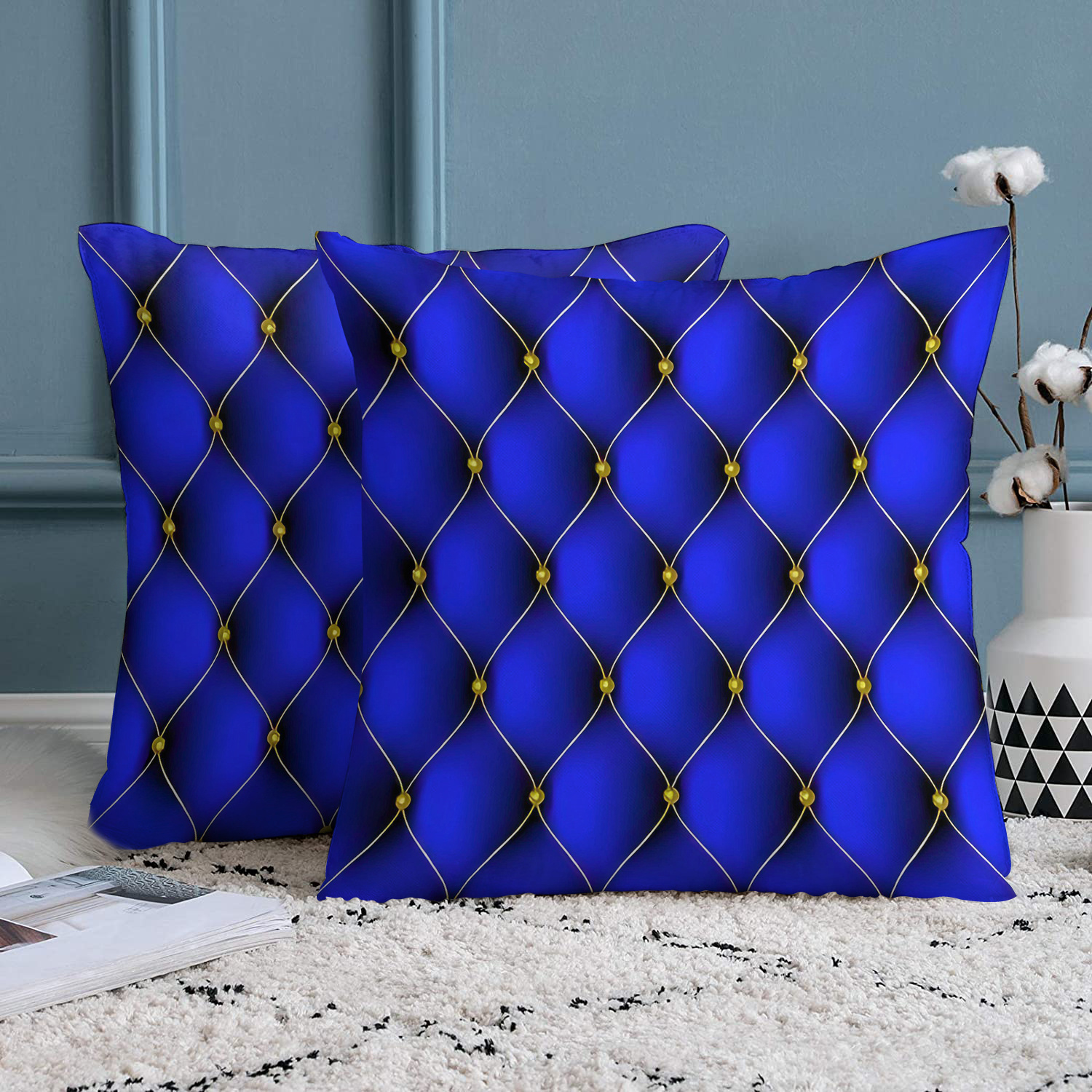 TEMU 2pcs Fashionable Blue And Golden Rhombus Stitched Pattern Modern Light Printed Pillowcases, High-quality Short Plush, Double-sided Print, 18