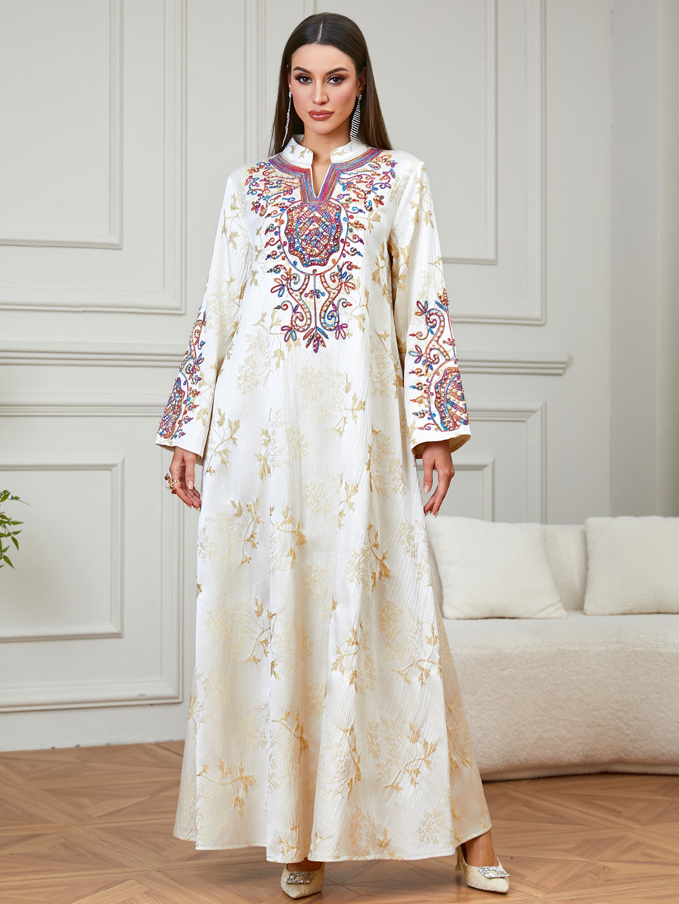 womens elegant heavy embroidered beaded jalabiya dress v - Temu Bahrain