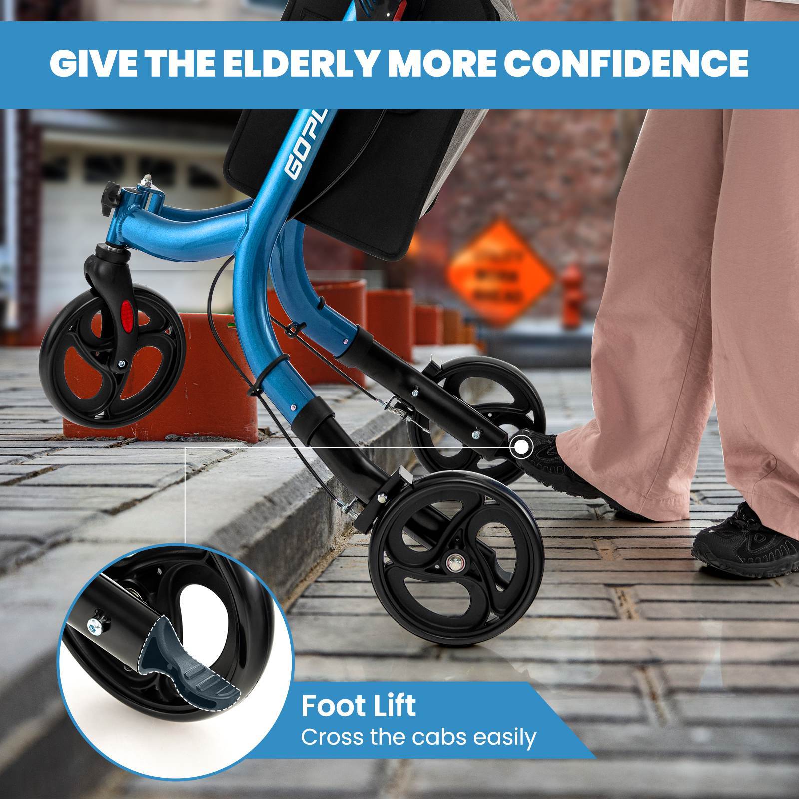 TANGKULA Heavy-Duty Foldable 3-Wheel Rollator Walker with Locking Brake System, 6-Level Adjustable Handle, Lightweight Aluminum Frame & Large Wheels - Portable Rolling Walker with Zippered Storage Bag for,, Home, Nursing Homes - Supports 300 lbs (136kg) - Blue, Foldable Walker for Seniors, Walker with Wheels And Seat, Walker for Seniors with Wheels, Mobility Walker for Plus Size Seniors, Seated Walker Plus Size - Image 7