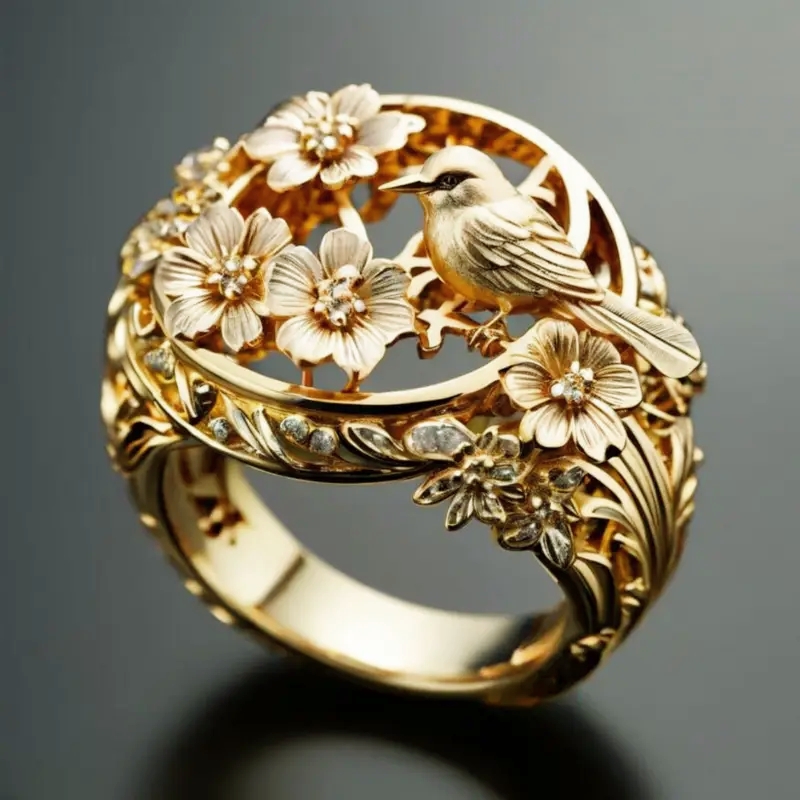 E-shop Luxuriöser Ring im nahöstlichen Stil mit goldenen Ringen, Persönlichkeitsring mit Blumen- Vogelmotiv für Damen, für , Freizeit, Party,