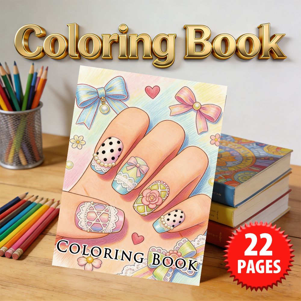 Image of Coloring Book: Cute Lace Bow Nail Art - 8.3×11.2 Inches, 22 Pages. A Sweet Pick For Kawaii & Girly Aesthetic Fans, Ideal As Birthday & Holiday Gifts, Back To School Surprises, Or Presents For