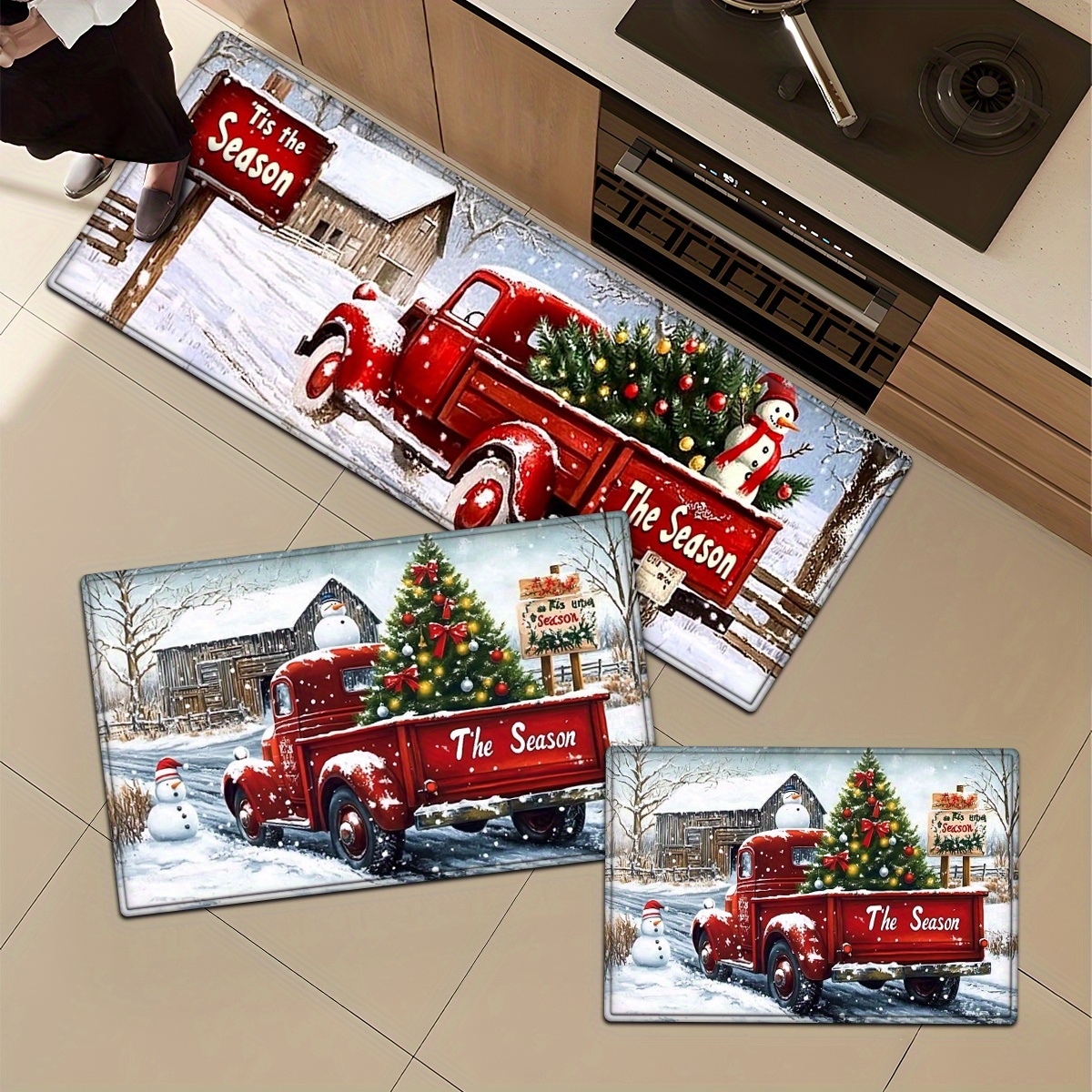 TEMU 2/3pcs Christmas, Red Pickup Truck, "snowflake, Snowman, Wooden House, Holiday Realistic Style Flannel Rugs Non Slip Washable, Throw Mat, Runner