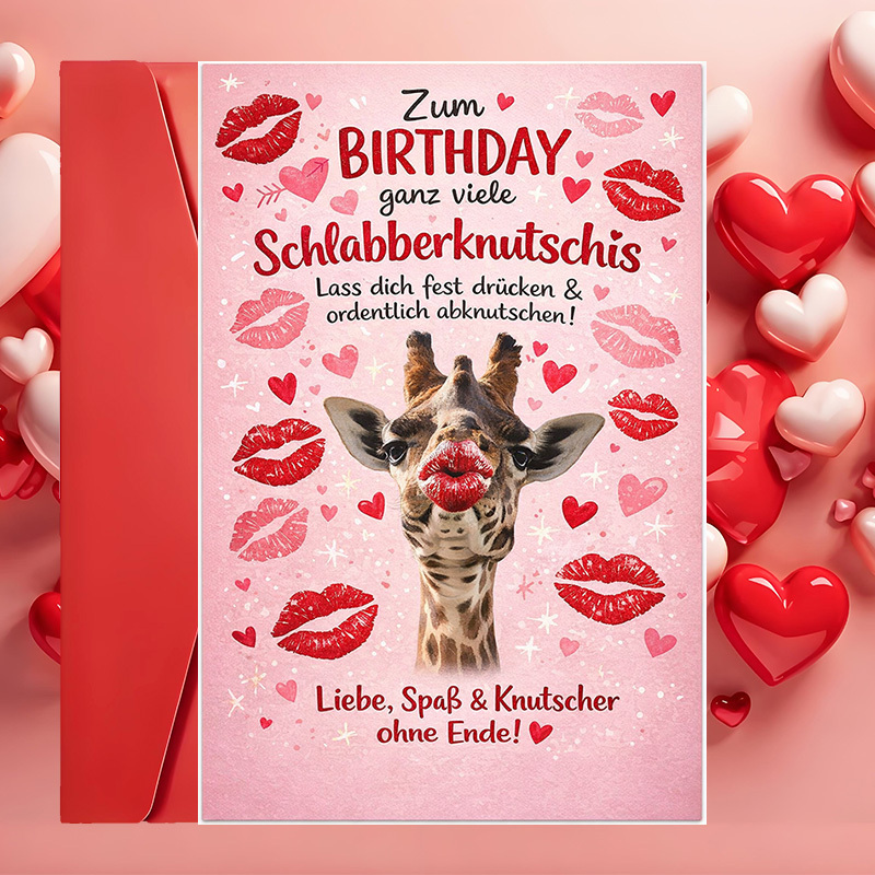 E-shop Ein Set aus zwei Artikeln (eine Umschlag und eine Grußkarte) mit einer humorvollen Geburtstagskarte, die von einer bezaubernden Giraffe und