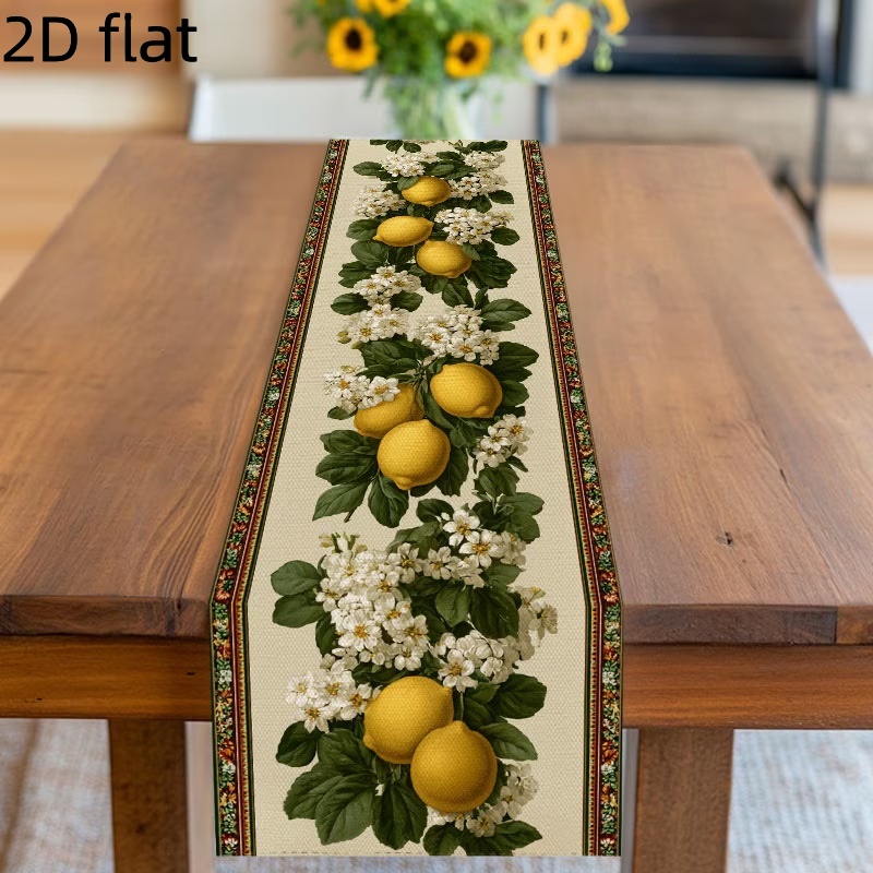 TEMU 1pc Lemon & White Flower Table Runner - Print Suitable For Spring Parties, Dining Table Decor, Rectangular Runner With Design For Picnic,