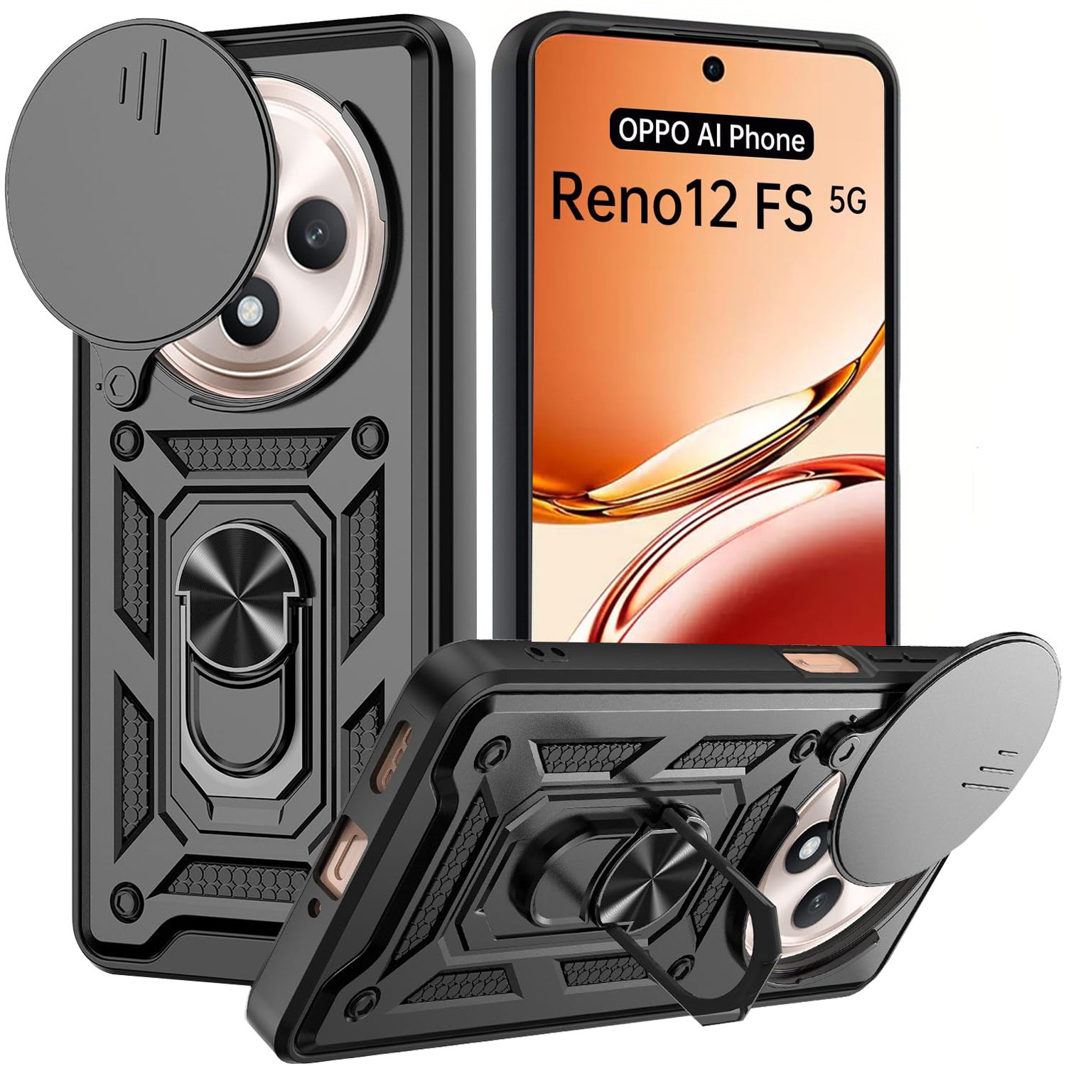 TEMU Phone Case: Oppo Reno 12f Protective Cover, Support 4g And 5g, Equipped With Armor Sliding Camera Cover, 360 Degree Protection And Black