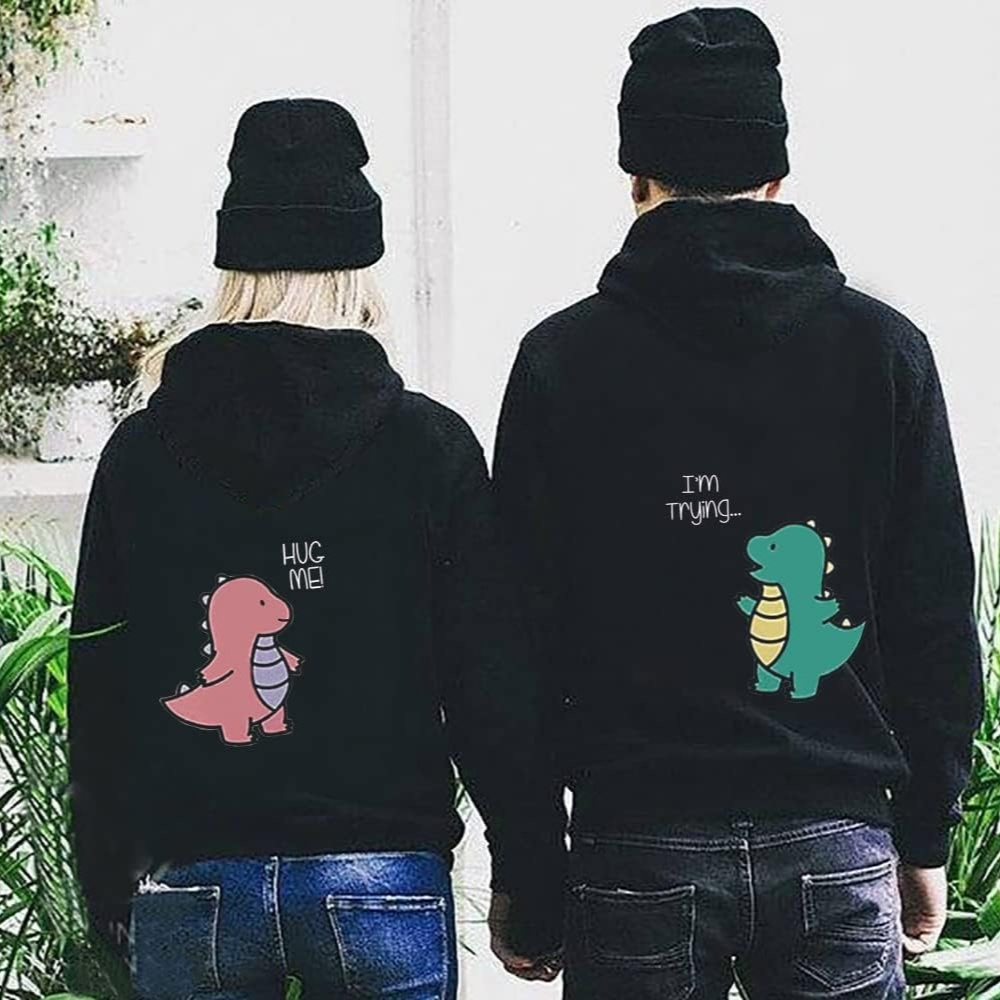 

Dinosaur Couple Hoodie Set - Matching Black Sweatshirts With Dino Design, 60% Cotton , Long Sleeve, Crew Neck - Ideal For Valentine's Day & Christmas Gifts, Dinosaur Party Decorations