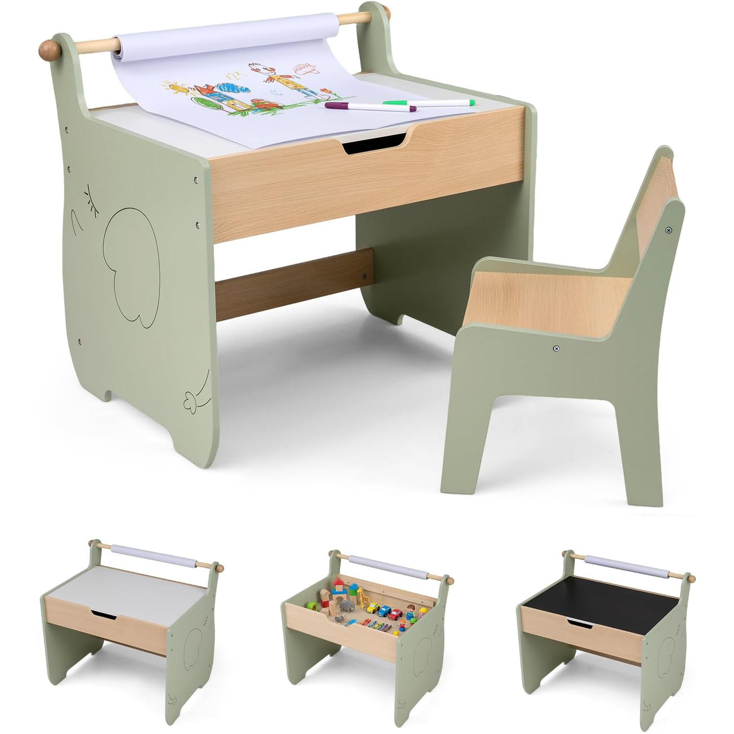 Image of Kids Art Table And Chair Set, Craft Study Desk W/reversible Blackboard & Whiteboard, Wooden Multi-activity Table W/paper Roll & Hidden Storage For Drawing, Painting, Writing, Green + Natural