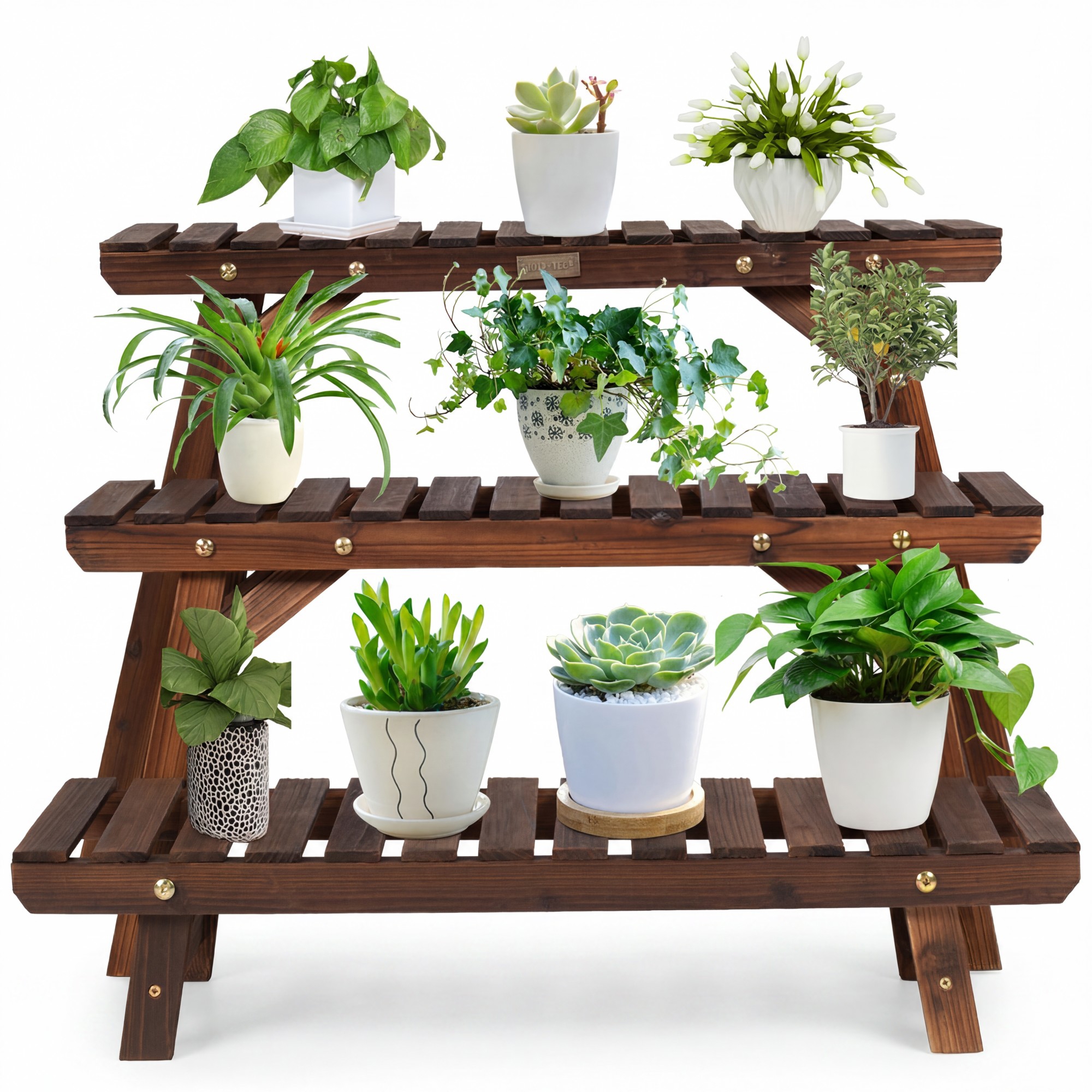 Image of Wood Plant Stand, 3-tiered Corner Plant Shelf Rack For Indoor Outdoor, Ladder Step Flower Pot Stand Holder Carbonized Freestanding Display Rack For Patio Garden Balcony