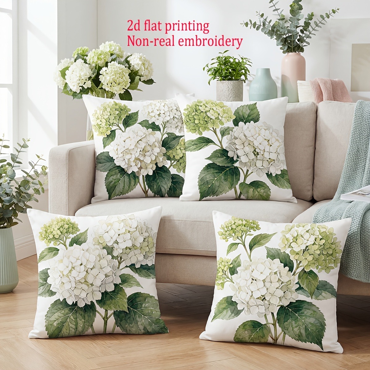 TEMU 4pcs Modern Hydrangea Covers Compatible For Living Room, Bedroom - Contemporary 2d Printed Cushion Covers With Zipper Closure, Hydrangea & Berry