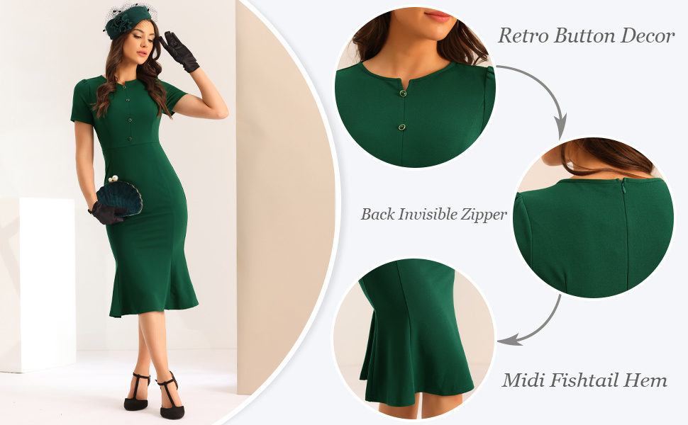 womens vintage 1950s dress short sleeve mermaid bodycon work - Temu