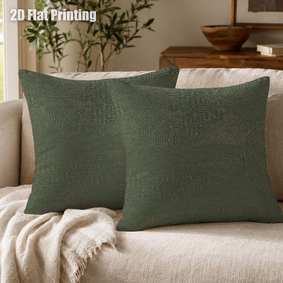 TEMU 2d Flat 2pcs Elegant Bohemian Textured Artwork Sage Green Double Prints Organic Wave Pattern Cushion Covers, For Room, Farmhouse Bedroom,