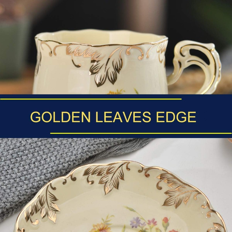 flowering shrubs tea cups and saucers set of 6 ivory ceramic floral tea cups set with golden rack coffee cups 8oz, cups for tea, porcelain tea cup, teacup, tea sets, elegant tableware, tea party supplies, vintage tea ware, decorative teacups,   cups,   porcelain,  , home   Product details 6