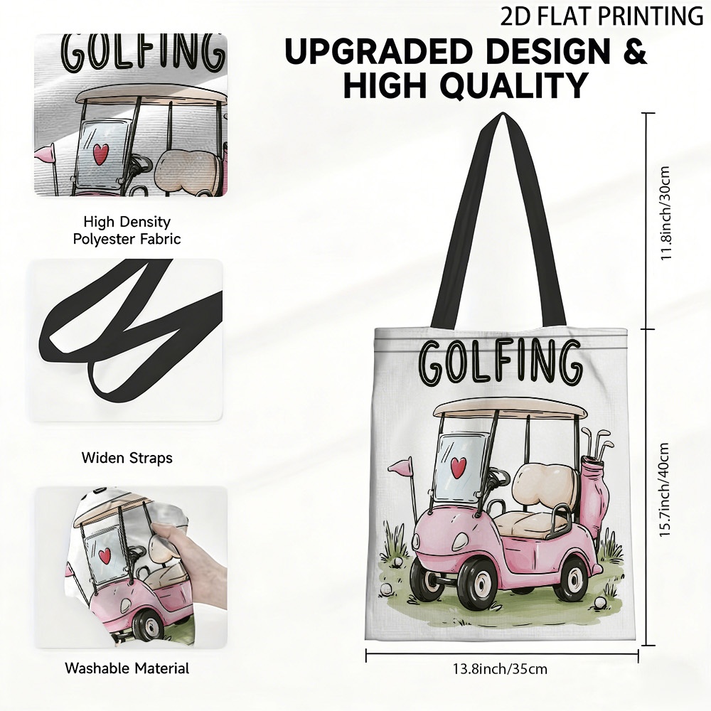 TEMU 1pc Pink Golf Cart Tote Bag Suitable For , Hot Transfer Printed Golf Print, Square Bag With Hot Transfer Printing Technology For Daily Shopping,