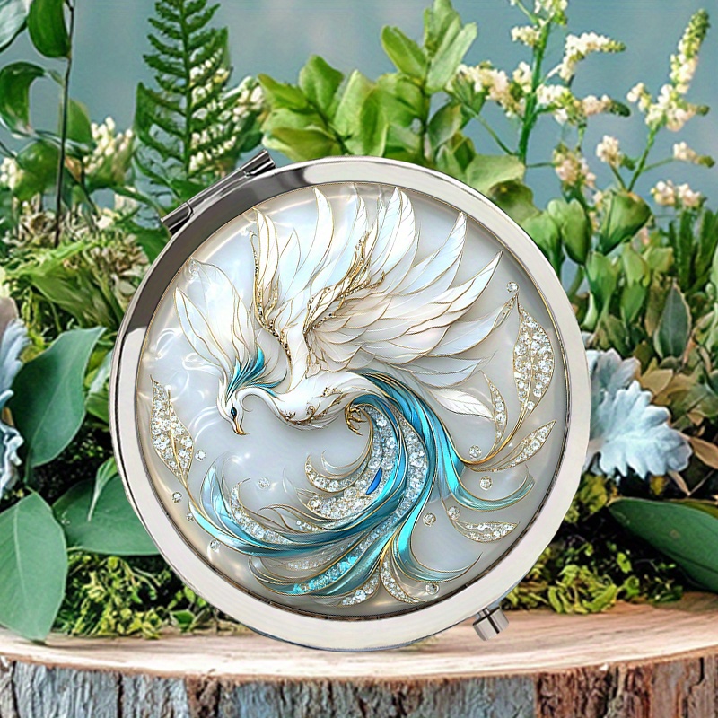 TEMU Vintage-Schminkspiegel mit 2D-Flachdruck, lebhaftem Buntglas-Design mit einem hellblauen goldenen Phönix, umgeben von funkelnden Details, als