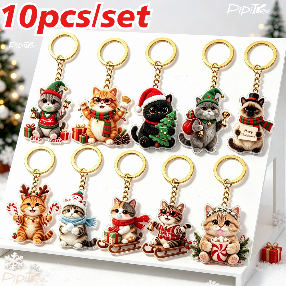 TEMU Ensemble de 10 porte-clés chatons style plat 2D, cadeau de Noël, pendentif chat sur le thème de Noël de dessin , accessoire tendance, unisexe,