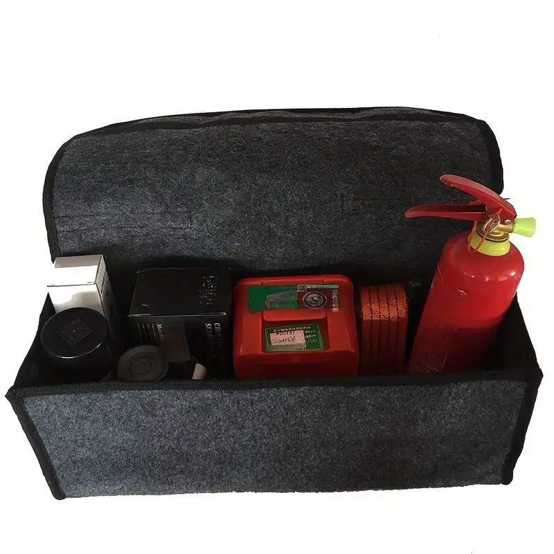

1pc Black Canvas Car Trunk Organizer, Foldable Storage Box With Plush Cloth, Portable Vehicle Interior Organization Container For Accessories And Tools