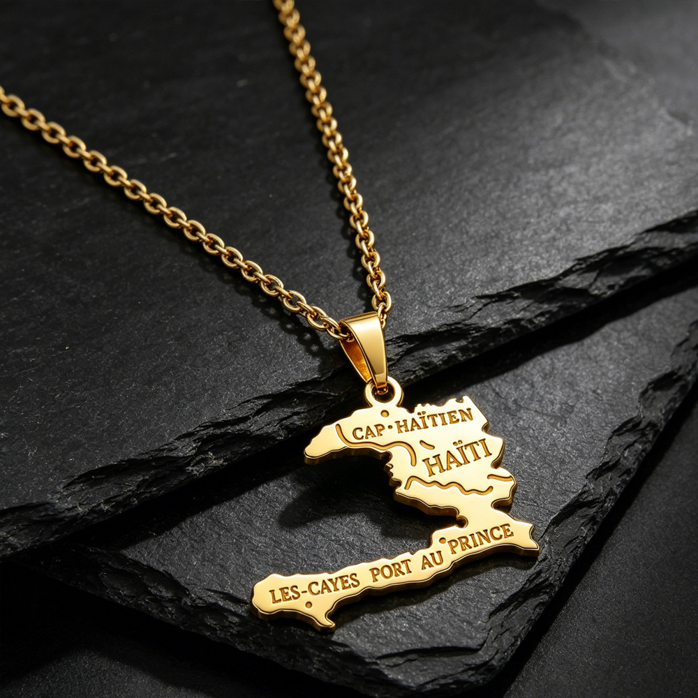 TEMU Collier avec pendentif carte de Haïti en acier inoxydable plaqué or , de contour de pays Port-au-Prince, bijou souvenir cadeau pour femmes et