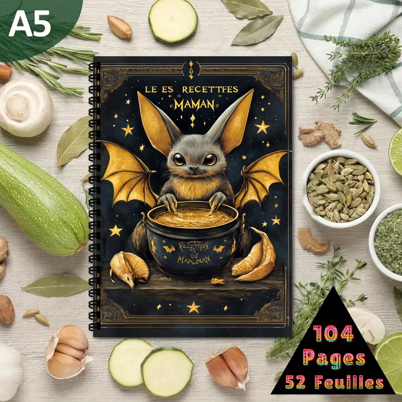 TEMU 1 livre de recettes français | Livre de recettes A5 relié spirale - Peut contenir , Journal de cuisine créature chat-chauve-souris gothique avec
