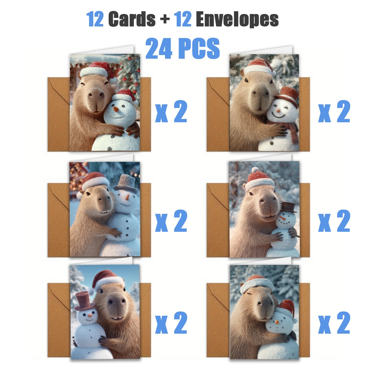 TEMU 1set/ 12pcs/ 24pcs Christmas Capybara Hugging Snowman, Wearing Red Hats Greeting Cards | Includes Envelope, Greeting Card | Perfect For