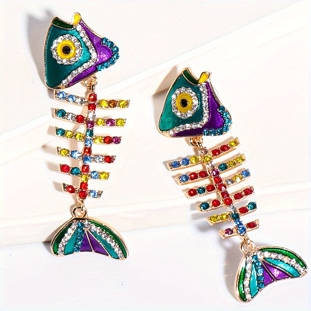 TEMU 2pcs Aretes Premium con Diseño de de Animales con Incrustaciones de Diamantes de de Hueso de Pescado de Dibujo Animado, Adecuados para el Uso